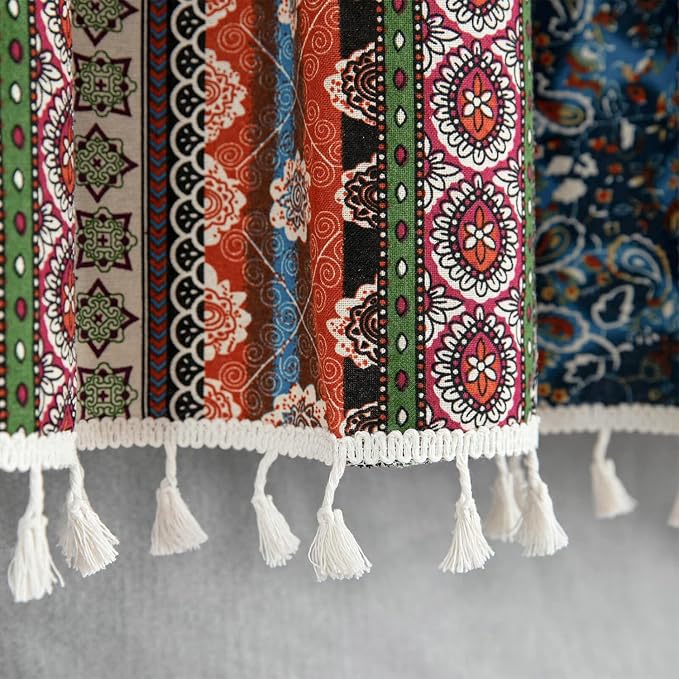 VOGOL Boho Semi Blackout Kitchen Valances, Striped Geo Pattern Decorative Window Treatments with Tassel, 1 Panel Rod Pocket Valance for Bathroom, 52 x 12 Inches