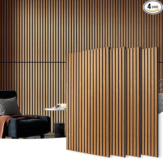Art3d 4 Pack 47.2 x 23.6in. Wood Slat Acoustic Panels for Wall and Ceiling - 3D Fluted Sound Absorbing Panel with Wood Finish - Teak