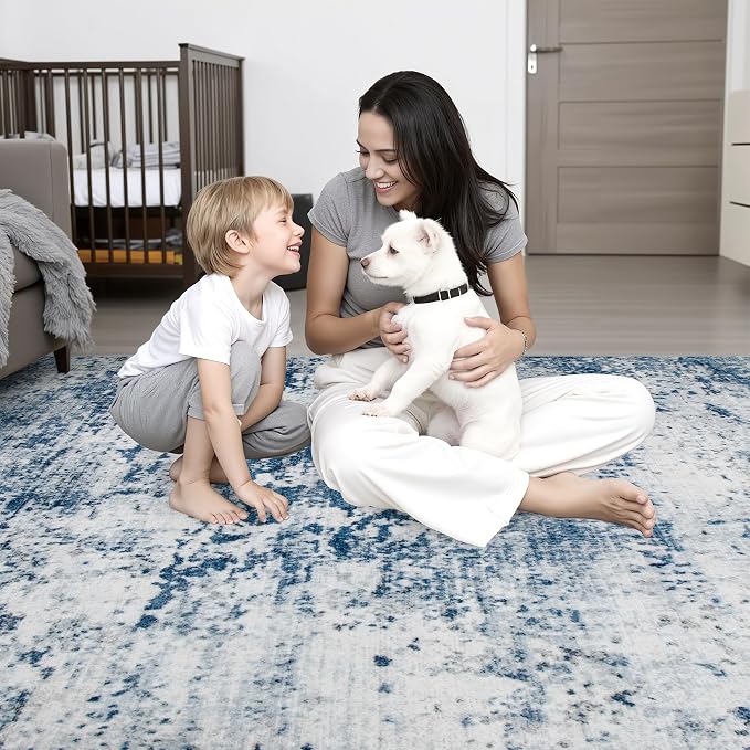 6x9 Area Rug Living Room Rug: Washable Modern Abstract Soft Thin Rug Indoor Floor No Slip Stain Resistant Carpet for Bedroom Dining Room Farmhouse Nursery Home Office - Blue