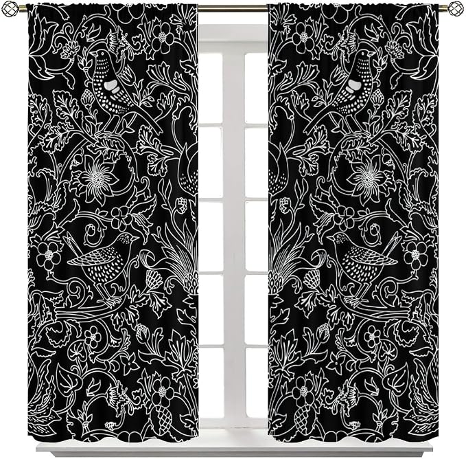 Bohemia William Morris Art Blackout Window Curtains, Vintage Flowers and Birds Dark Magic Forest Background, for Living Room Bedroom 31.5(W)*72(L) 2 Panels