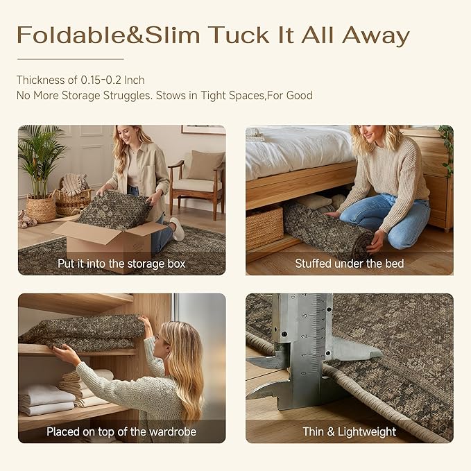 HUGEAR 4x6 Indoor/Outdoor Rug Brown Linen-Look Fabric Vintage Area Rug High Traffic Stain Resistant Easy Clean Durable Rugs for Living Kitchen Patio Deck Balcony Porch Garden Courtyard