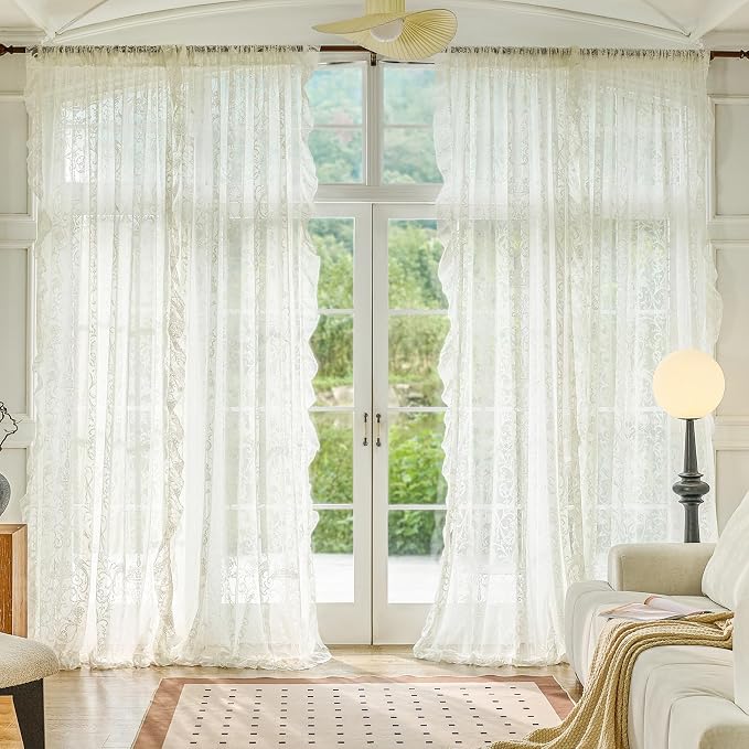 TUDECO Ivory Sheer Curtains 90 Inches Long, Cottage Core Lace Curtains for Living Room, Rod Pocket Ruffled Edges, Light Filtering&Privacy, Pretty Cream Vintage Room Decor, 59W x 90 Inch, 2 Panels