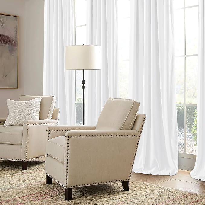 RYB HOME White Velvet Curtains 108 inch, 2 Layers Room Darkening Window Curtains for Living Room Thermal Insulated Privacy Backdrop with Pleat Tape, White, W48 x L108 inch, 1 Panel