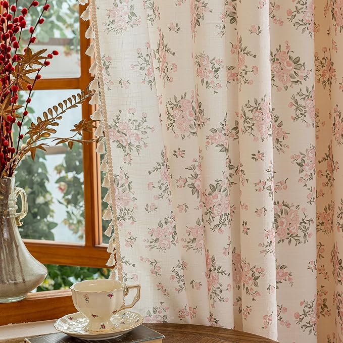 OYX Pink Floral Curtains for Girls Room 2 Panels, Linen Curtains 96 Inch Length with Flower Pattern Light Filtering Window Privacy Curtains for Living Room Boho Farmhouse Vintage, Each 52 Inch Wide
