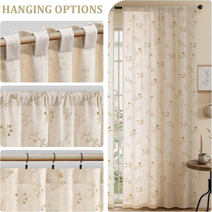 Beige Floral Embroidered Linen Blend Curtains for Bedroom, 84 Inch Light Filtering Spring Farmhouse Vintage Drapes for Living Room Rod Pocket, Set of 2 Panels