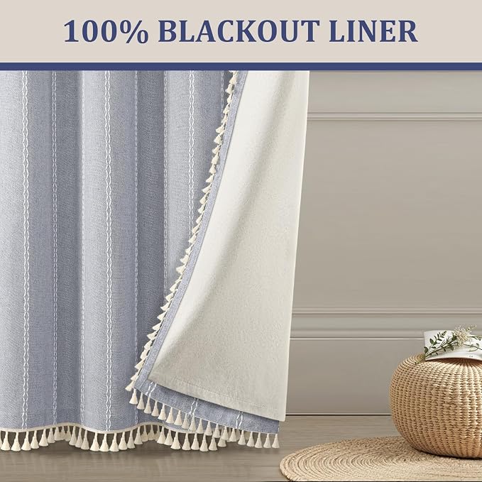 Blue Boho Blackout Curtains 2 Panels 96 Inch for Living Room Bedroom, Linen Texture Farmhouse Curtains with Tassels and White Cotton Embroidery Vintage Rustic Country Western