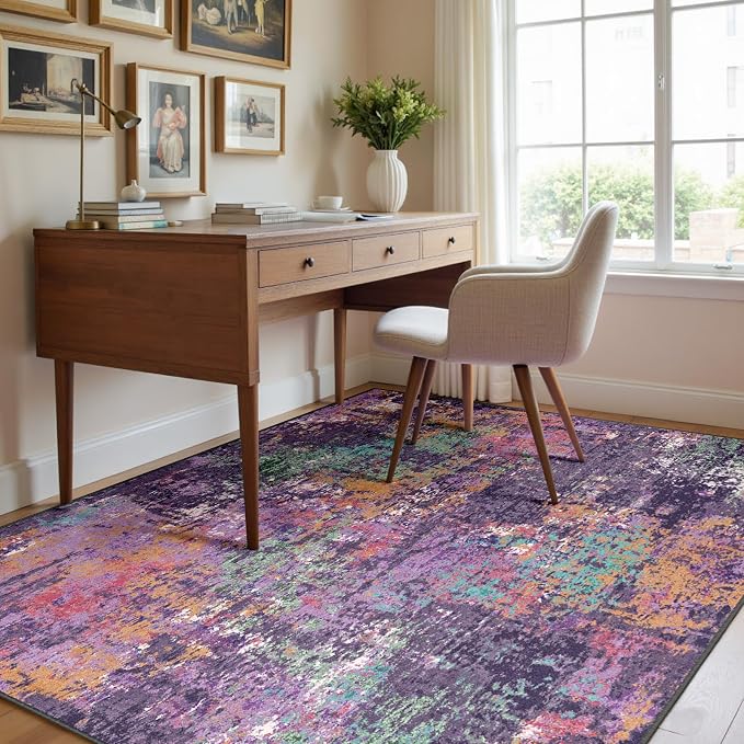 RELEANY Washable Area Rugs 6'x8' Non-Slip Modern Abstract Soft for Living Room Entryway Bedroom Kitchen, Print Pattern, Purple Orange Blue Green Rust Red Colorful
