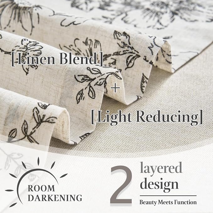 jinchan Linen Kitchen Curtain 24 Inch French Floral Double Layer Curtain Farmhouse Vintage Tier Drape Rustic Half Window Curtain for Living Room Window Treatment Rod Pocket 1 Panel Black on Beige
