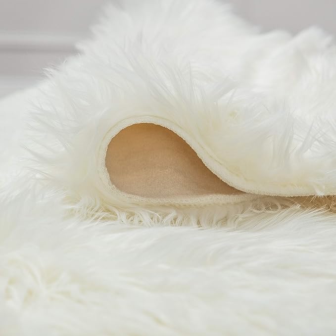 Chanasya Super Soft Faux LongFur Suede Fake Sheepskin for Sofa Couch Stool Vanity Chair Cover Luxurious Fluffy Rug Solid Shaggy Area Rugs for Living Bedroom Floor - Off White 2ftx3ft