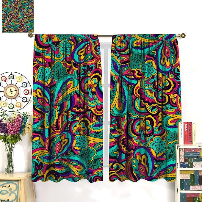 Bohemian Dream Curtains, Colorful Paisley Floral Pattern, Blackout and Soundproof Curtains for Bedrooms, Living Rooms, and Kitchens63X72 Inch