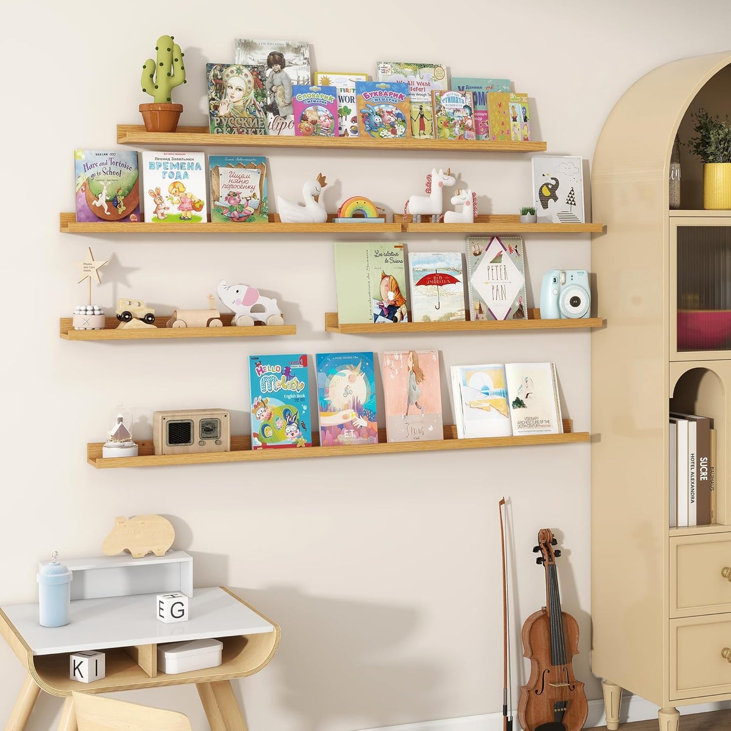 Fun Memories Picture Ledge Shelves Set of 2, 36 Inch Rustic Wall Mounted Floating Shelves with Lip for Home Storage and Décor in Bathroom, Kitchen, Nursery, Bedroom, Living Room, Oak