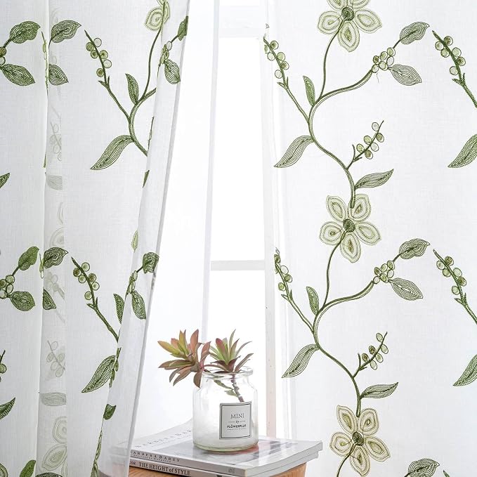 Petrichor Embroidered Sheer Curtain 2 Panels Set - Luxury Window Curtain Attached Valance with Satin Backing and 2 Tie Backs for Living Room,Dining Room, 54x84 inches, Sage Green
