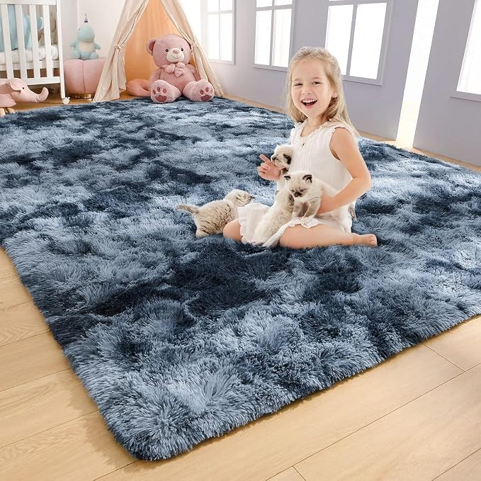 AROGAN Shag Carpets 2x8 Rug for Hallway, Washable Rugs Runners with Memory Foam for Bedroom, Entryway Indoor Fluffy Throw Rug for Beside Kids Girls Nursery Dorm, Blue and Grey