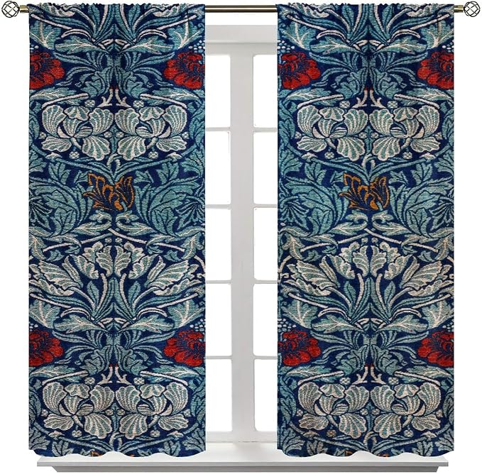 Bohemian William Morris Retro Plant Floral Blackout Window Curtains, Flower Vintage Country Farmhouse Art Window Drapes, for Bedroom Living Room 42(W)*84(L) 2 Panels