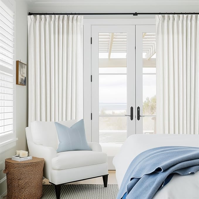 Pinch Pleated Linen Curtains 98 Inches Long for Living Room Bedroom Light Filtering Boho Window Drape 98 inch 2 Panels with Hooks Rings Cream Beige White Sliding Glass Door Semi Sheer Curtain