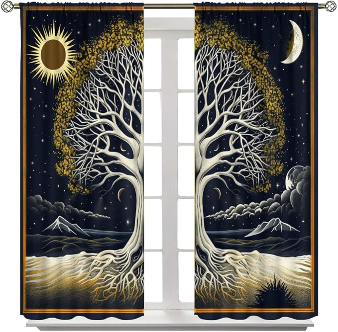 Sun Moon Blackout Curtains, Vintage Abstract Sun Moon Tree of Life Bohemian Mystic Window Drapes, for Bedroom Living Room 55" W X 63" L
