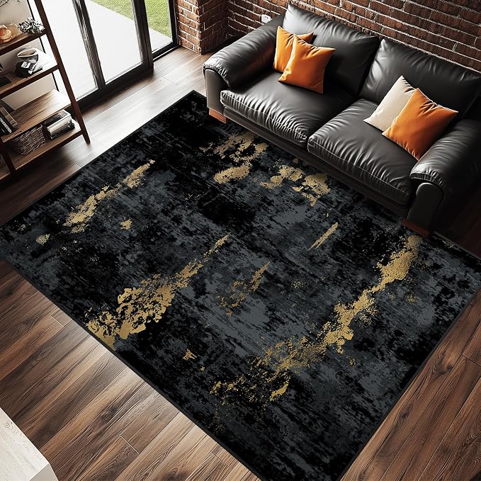 RELEANY Washable Area Rugs 5'x8' Non-Slip Modern Abstract Soft for Living Room Entryway Bedroom Kitchen, Print Pattern, Dark Black Gold