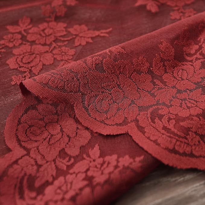 Kotile Maroon Lace Curtains 80 Inches Long 2 Panels Set Rusitc Floral Patterned Cottagecore Burgundy Curtains for Living Room, Rod Pocket Privacy Light Filtering Sheer Window Curtains, 52 x 80 Inch