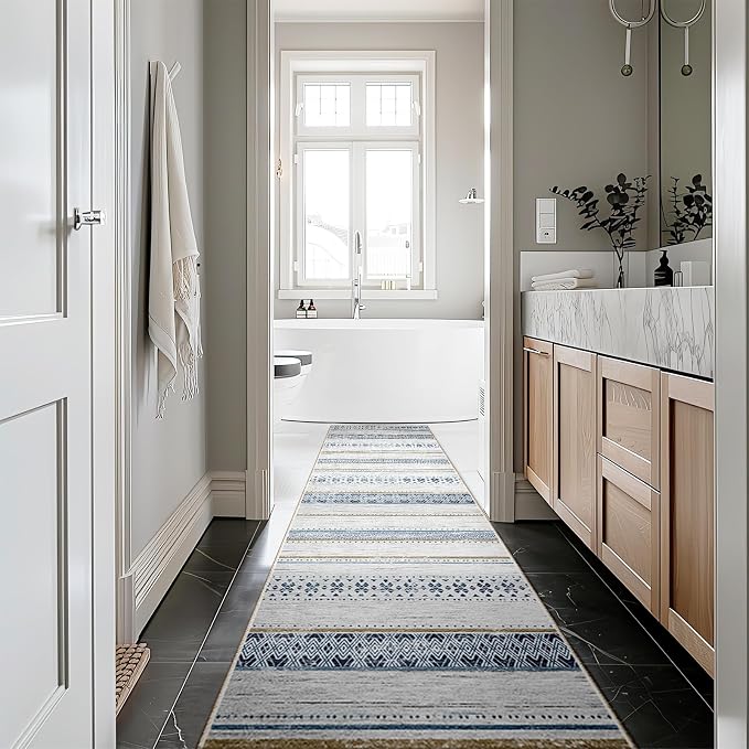BESTSWEETIE 2x6 Area Rugs for Living Room Washable Moroccan Farmhouse Neutral Geometric Low Pile Non-Slip Soft Print Pattern Rug for Bedroom Kitchen Dining Room Entryway Blue/Brown