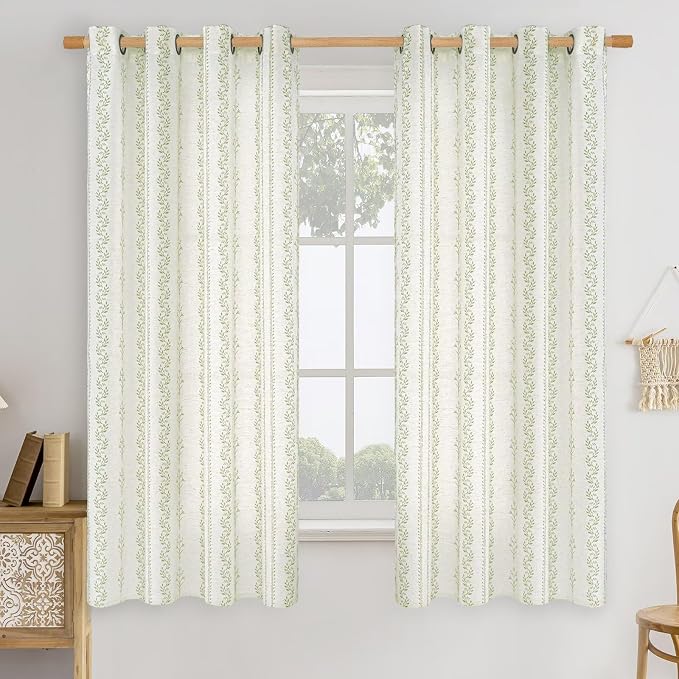 BGment Sage Green Curtains Spring Leaf Floral Print Cottage Core Botanical Curtains for Bedroom Light Filtering Curtain 63 Inch Long for Farmhouse Rustic, Each 52 Inch Wide, 2 Panels Set