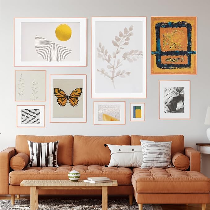 FLYJOE 12x12 Frame | Metal Square Picture Frame With Plexiglass | 12x12 Frame With Mat for 10x10 | Minimalist Modern Poster Frame | Hanging Hardware Included | Rose Gold, 3Pcs
