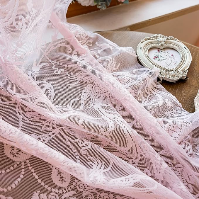 TUDECO Pink Kithen Curtains 45 Inch Length, Cute Girly Room Decor, Semi Sheer Light Pink Curtains, Floral Pattern&Ruffle Edegs, Romantic Spring Curtain, Rod Pocket Top, 59W x 45L Inch