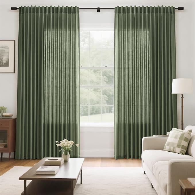 Nanspring Olive Green Linen Sheer Curtains 54 Inch Length 2 Panel Set Back Tab Rod Pocket Semi Sheer Light Filtering Short Curtain Soft Elegant Aesthetic Small Window Drapes for Bathroom 52x54