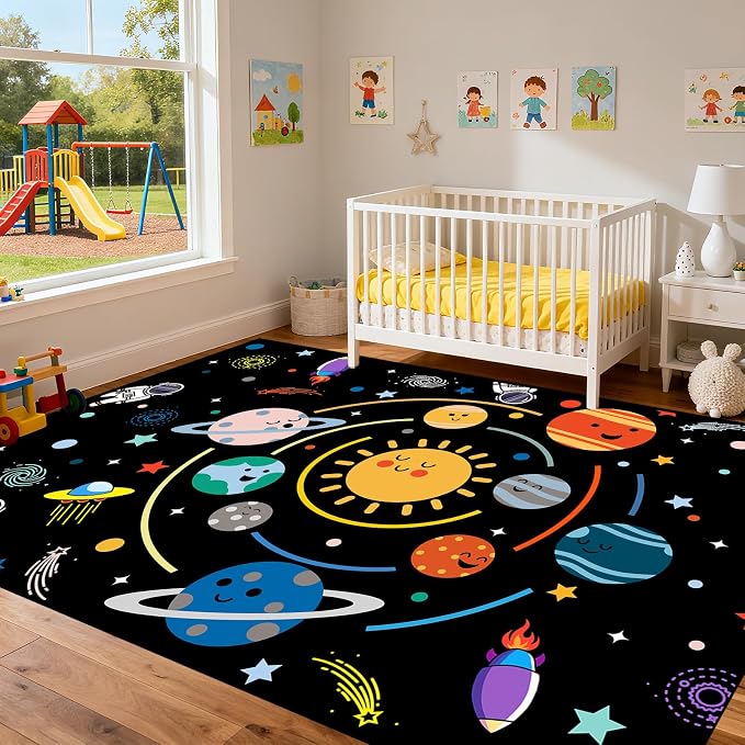 Solar System Rug-Machine Washable 6x9 Feet Space Rug for Boys Room Space Carpet for Kids Bedroom Outer Space Decor for Kids Room Planet Themed Bedroom Decor