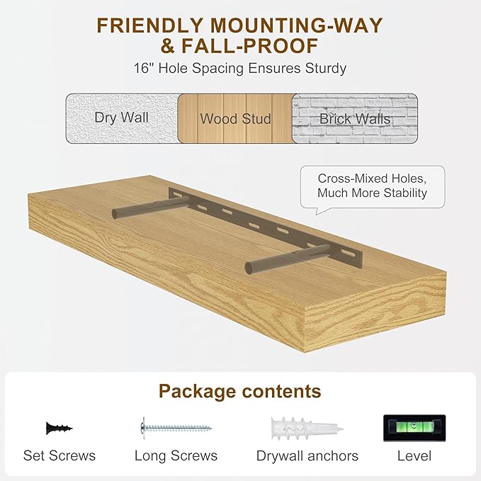 Fun Memories Floating Shelves for Wall, 40Inch Floating Shelves Set of 2, Hanging Shelf with Invisible Brackets, Wood Shelves for Living Room, Bedroom, Kitchen, Oak