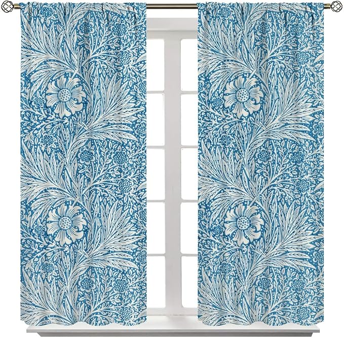 Bohe Vintage Floral Blackout Windows Curtains, William Morris Original Design Blue Flower Pattern Rod Pocket Curtains, for Living Room Bedroom 21(W)*54(L) 2 Panels