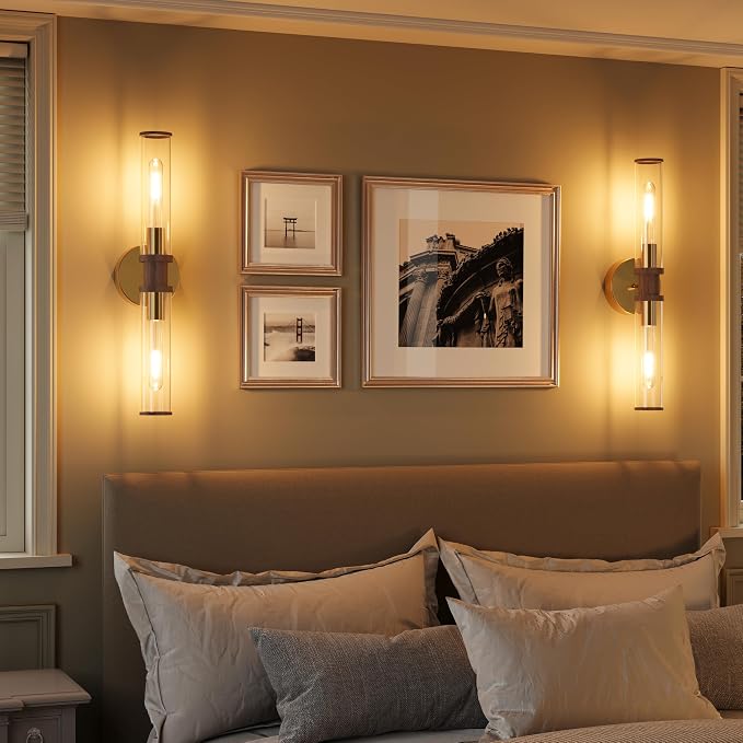 Rayogale Gold & Walnut Wireless Battery Operated Wall Sconces with Remote | Glass Rechargeable Wall Lights Set of 2 with Timer Function Dimmable for Living Room Bedroom Emergency 3000K, 20.5 Inch