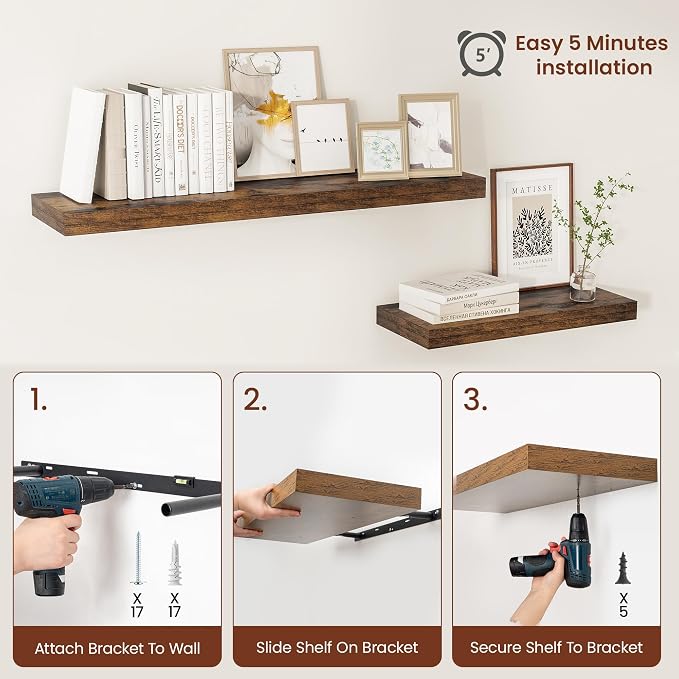 Vivelove 12" Deep Floating Shelves for Wall 55" Long, Wall Shelves for Living Room Bedroom Bathroom Kitchen Laundry Room, Farmhouse Rustic Shelves for Home Decor, 55" X 12" X 2" Set Of 2, Rustic Brown
