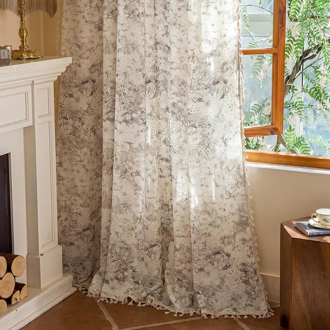 OYX Boho Floral Curtains 96 Inch, Linen Farmhouse Flower Drapes with Lace & Tassels, Light Filtering Semi Sheer Curtains for Living Room Bedroom, 2 Panels