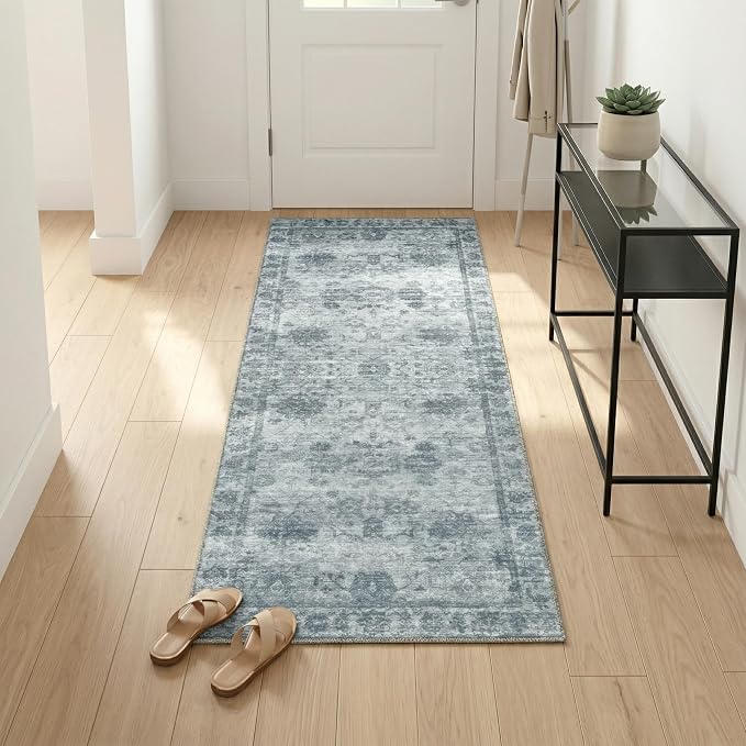 Homemate Washable Rug 2x6 Area Rugs - Vintage Faux Wool Rugs for Living Room Bedroom Dining Room - Non Slip Foldable Carpet Indoor Area Rug for Home Decor(2'x6', Blue