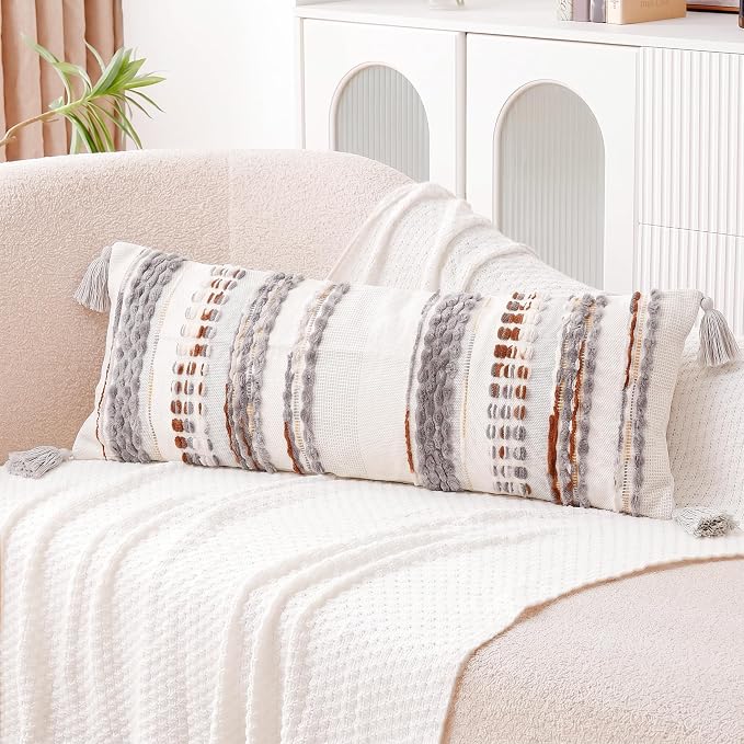 NUYECY Chenille and Cotton Long Pillow for Bed, Striped Textured Boho Lumbar Throw Pillow Cover 12x36, Neutral Accent Decorative Extra Long Body Pillow Case for Couch, Sofa, Bedroom, Brown-Grey