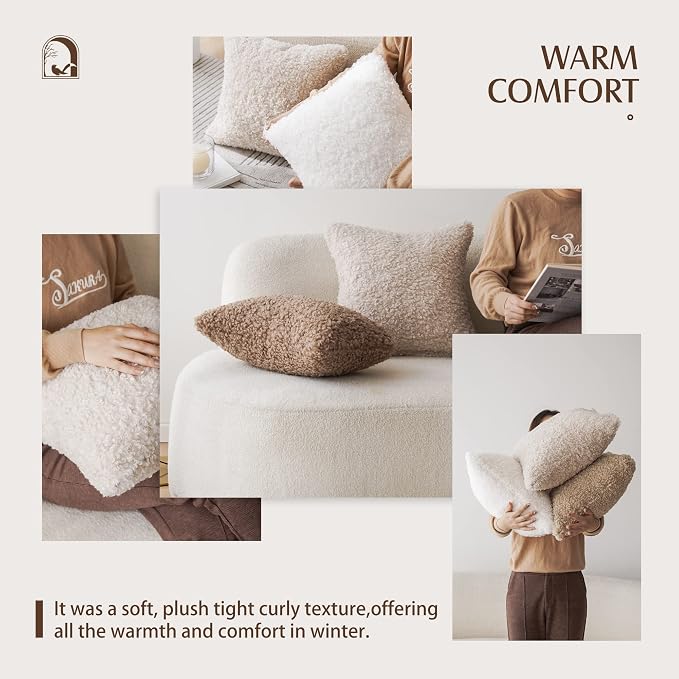 Foindtower Set of 2 Curly Teddy Wool Faux Fur Pillow Covers Decorative Boucle Textured Lumbar Throw Pillow Oblong Accent Pillowcases Sheepskin Cushion Case for for Chair and Couch 12"x20" White