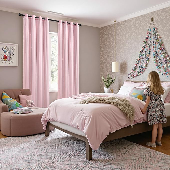XiDi Pink Curtains for Girls Bedroom Blackout Kids Curtain 1 Panel | Light pink layered curtain, white sheer overlay, girls bedroom and nursery decor, room darkening, grommet top, 34 x 63 in