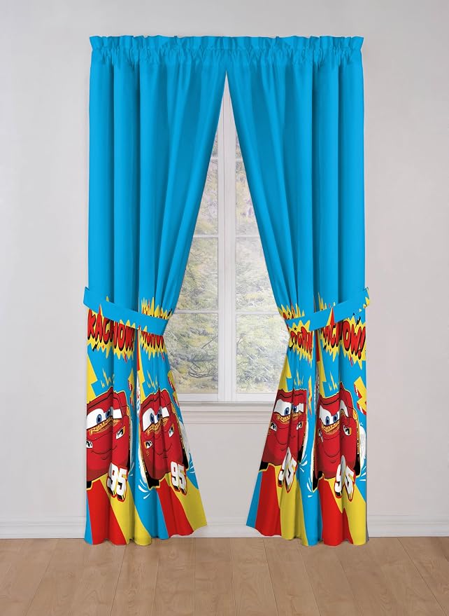 Sunny Side Up Window Curtains for Kids Bedroom 4-Piece Drape Set with 2 Tiebacks, Blue - Cars, 42" W x 84" L (Pack of 2)