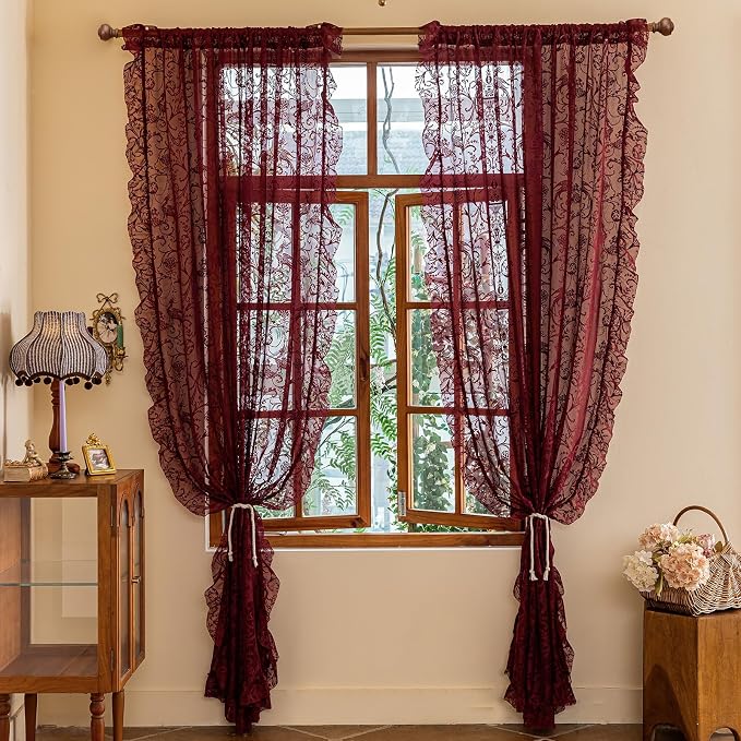 TUDECO Sheer Maroon Curtains for Bedroom 80 Inches Long - Elegant Flower Pattern Lace Curtains for Closet Door Way 2 Panels, Light Filtering Burgundy Drapes with Ruffle Edges, 59W x 80L Inch