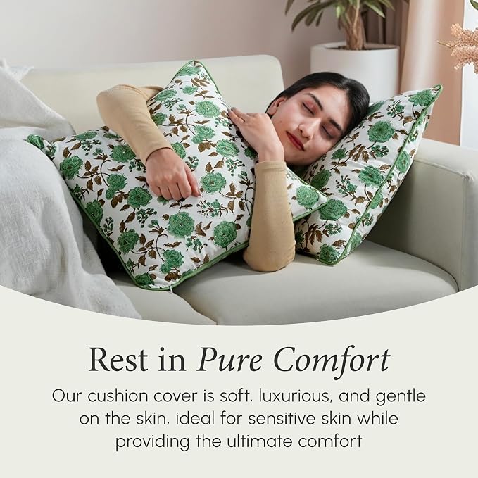 CPC 100% Cotton Throw Pillow Covers 20x20 Inch, Set of 2 Green Block Print Pattern Couch Pillow, Cute Boho Decorative Pillows for Living Room, Bedroom with Hidden Zipper- Moss Green