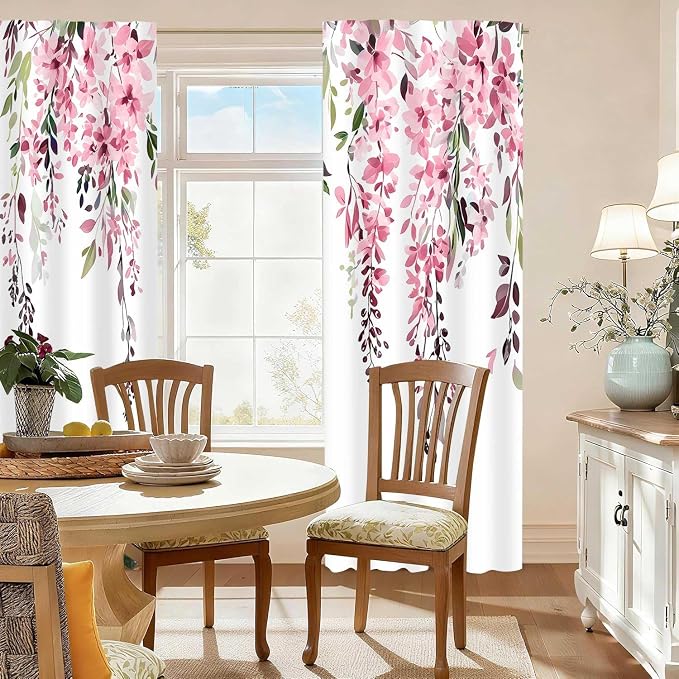 Pink Watercolor Floral Curtains, Botanical Leaves Vine Flowers Curtain, Rustic Farmhouse Flower Leaf Blackout Window Treatment Drapes for Bedroom Living Room 52x90 inch, 2 Panels