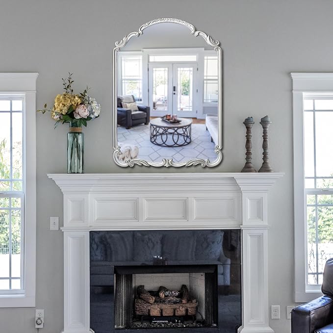 Wylde Iris English Estate Carved Arch Wood Wall Mirror, Mirror for Entryway, Living Room, Bathroom, Antique Silver, 20.9x28.9