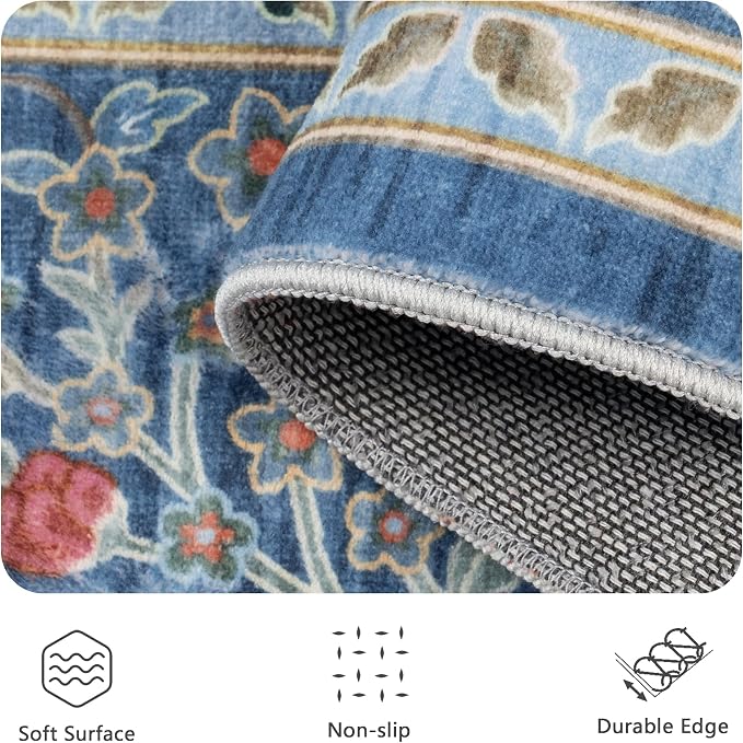 6x9 Area Rugs, Washable Floral Area Rugs for Living Room, Indoor Area Rug for Bedroom, Dining Room, Low Pile Non-Slip Non Shedding Rug(Blue Floral)