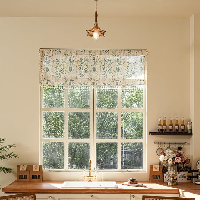 Deeprove Blue Boho Kitchen Valance Printed for Bedroom Living Room Cafe Botanical Florals Curtain with Tassel Vintage Bohemian Retro Window Small Short Treatment Light Filtering 1 Panel 52W x 18L
