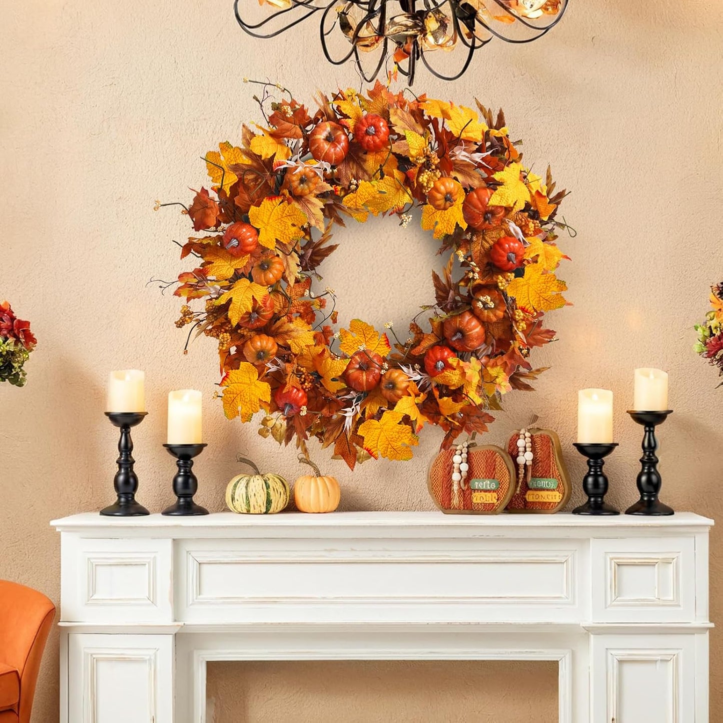 Uieke 28 Inch Fall Wreath for Front Door Outside Large Artificial Autumn Wreath with Orange Red Pumpkins Maple Leaves Berries Fall Decoration for Home Farmhouse Door Wreath for Harvest Thanksgiving