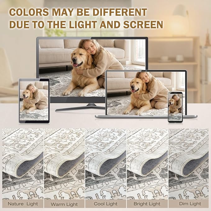 cotiled 8x10 Area Rug Machine Washable Vintage Carpet for Living Room Bedroom Soft Non-Slip Backing Floor Mat Kid & Pet Friendly Stain Resistant Light Brown