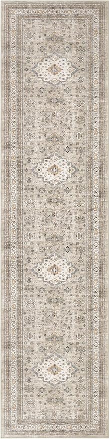 Vintage Hallway Runner Rug 3x12: Large Soft Washable Entryway for Kitchen Laundry Room Non-Slip Backing Runner for Entrance Living Room Bedroom Bathroom - Beige