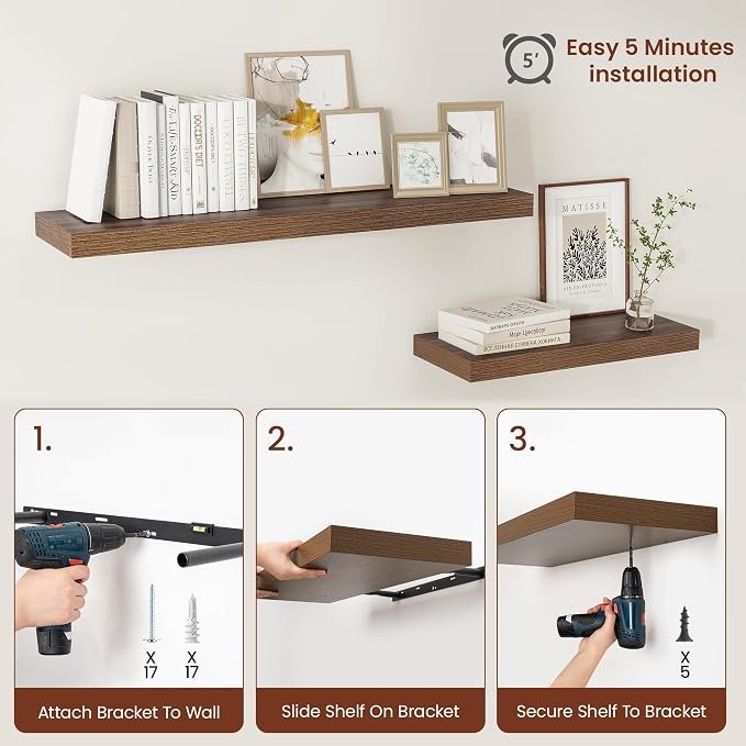 Vivelove Wide Floating Shelves for Wall 12 Inch Deep, 16" X 12" X 2" Floating Shelf, 2 Inch Thick Shelf for Living Room Bathroom Bedroom Kitchen Book Room, Rustic Farmhouse Decor Set of 2, Walnut