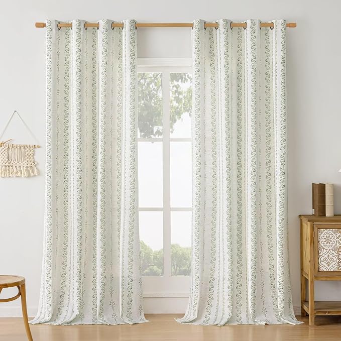 BGment Green Curtains Spring Leaf Floral Print Cottage Core Botanical Curtains for Living Room Light Filtering Curtain 90 Inch Long for Farmhouse Rustic, Each 52 Inch Wide, 2 Panels Set