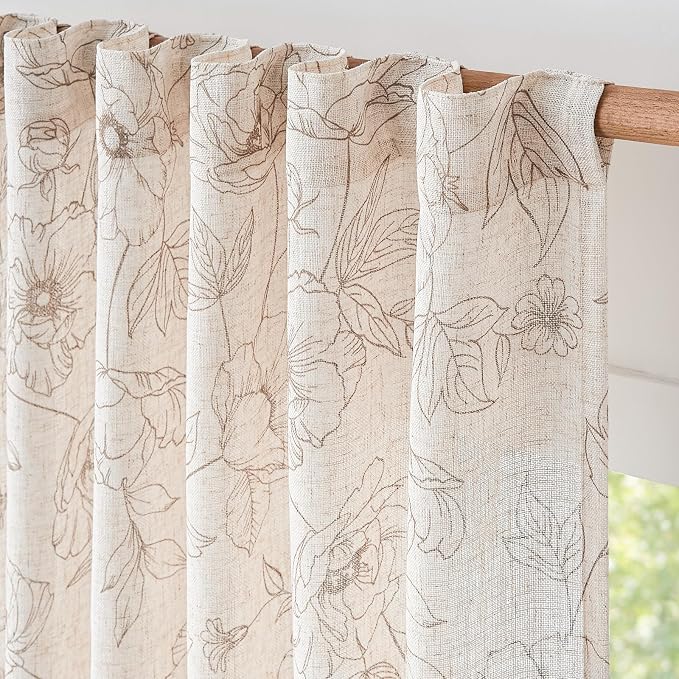 jinchan Floral Linen Curtains for Living Room 63 Inch Length Taupe Flower Curtain Rod Pocket Back Tab Farmhouse Curtains with Printed Floral Bedroom Window Curtain Set, 2 Panels Taupe